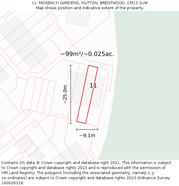 11, MOSBACH GARDENS, HUTTON, BRENTWOOD, CM13 2UW: Plot and title map