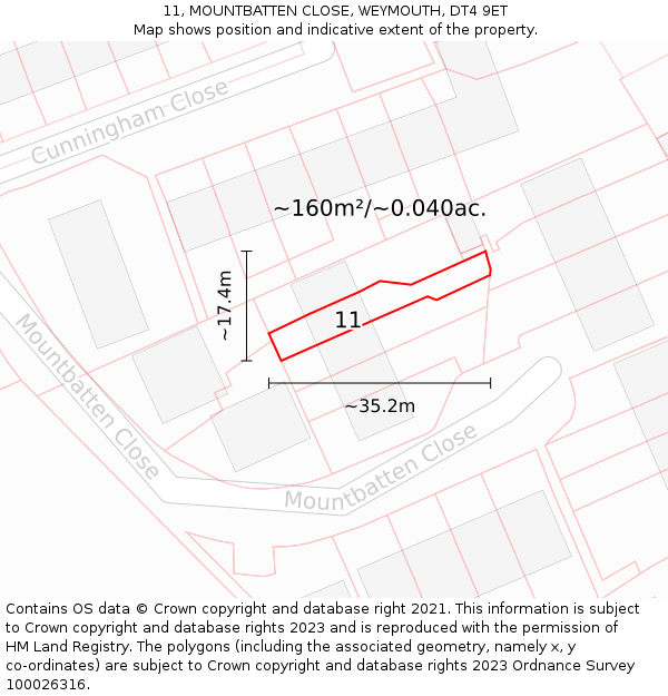 11, MOUNTBATTEN CLOSE, WEYMOUTH, DT4 9ET: Plot and title map