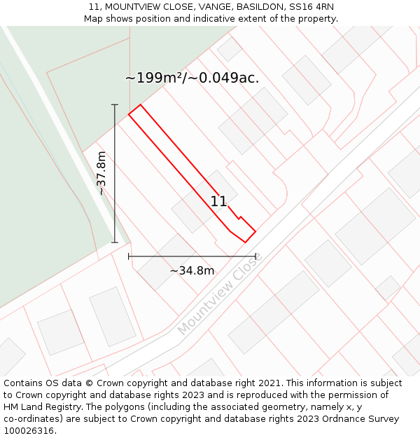 11, MOUNTVIEW CLOSE, VANGE, BASILDON, SS16 4RN: Plot and title map