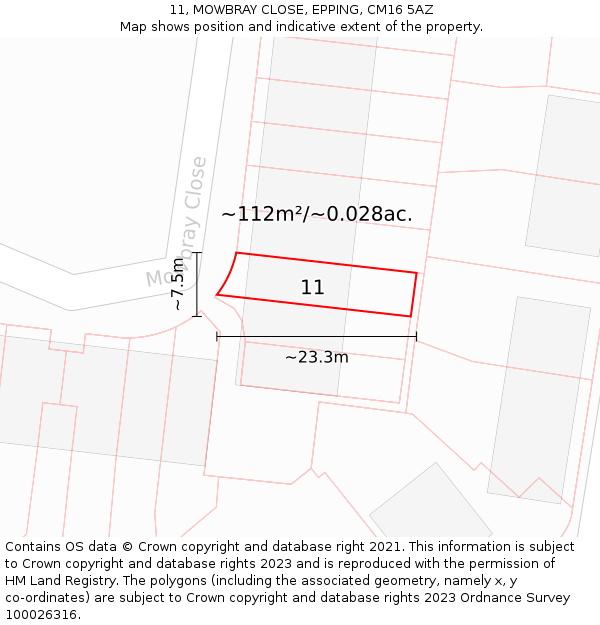 11, MOWBRAY CLOSE, EPPING, CM16 5AZ: Plot and title map