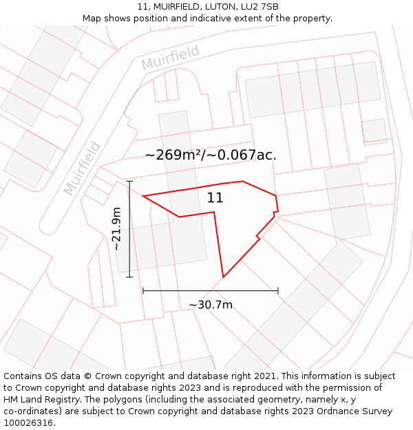 11, MUIRFIELD, LUTON, LU2 7SB: Plot and title map
