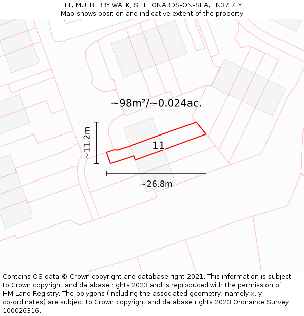 11, MULBERRY WALK, ST LEONARDS-ON-SEA, TN37 7LY: Plot and title map