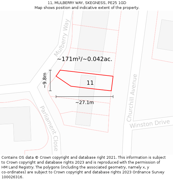 11, MULBERRY WAY, SKEGNESS, PE25 1GD: Plot and title map