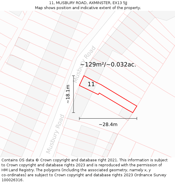 11, MUSBURY ROAD, AXMINSTER, EX13 5JJ: Plot and title map