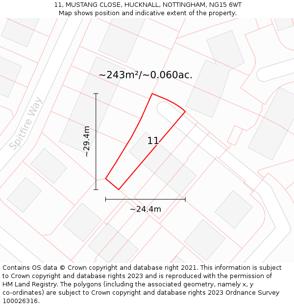 11, MUSTANG CLOSE, HUCKNALL, NOTTINGHAM, NG15 6WT: Plot and title map