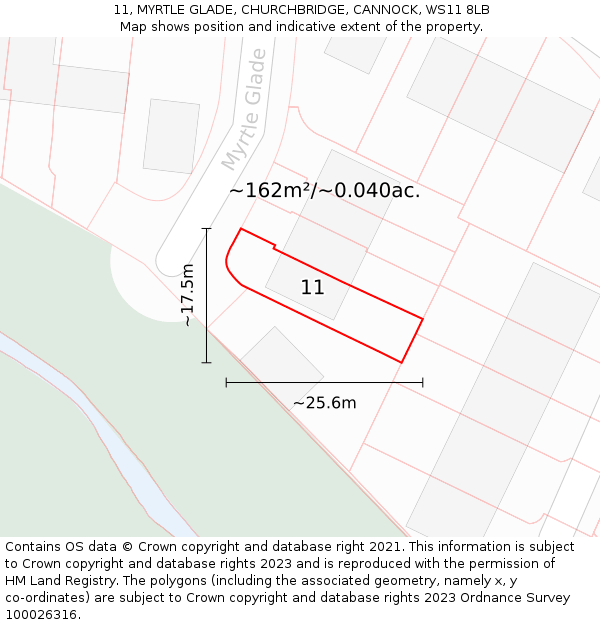11, MYRTLE GLADE, CHURCHBRIDGE, CANNOCK, WS11 8LB: Plot and title map