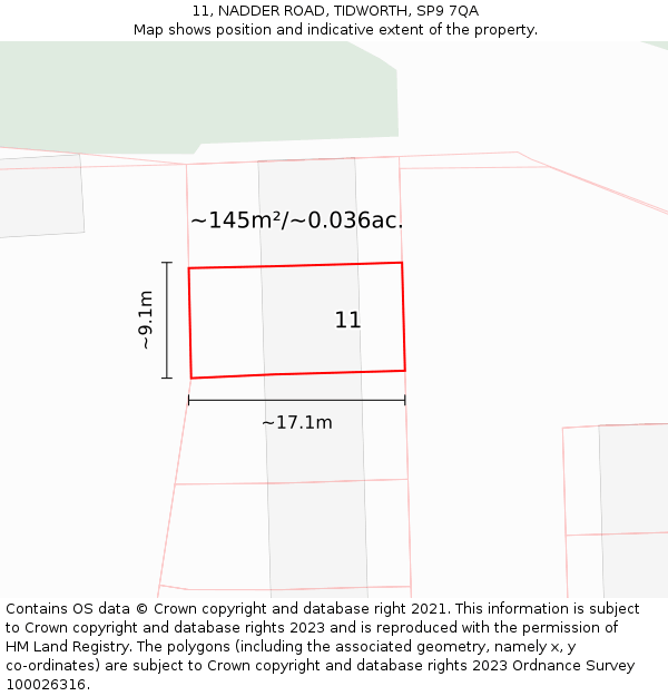 11, NADDER ROAD, TIDWORTH, SP9 7QA: Plot and title map