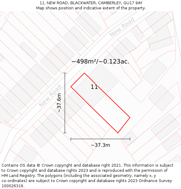 11, NEW ROAD, BLACKWATER, CAMBERLEY, GU17 9AY: Plot and title map