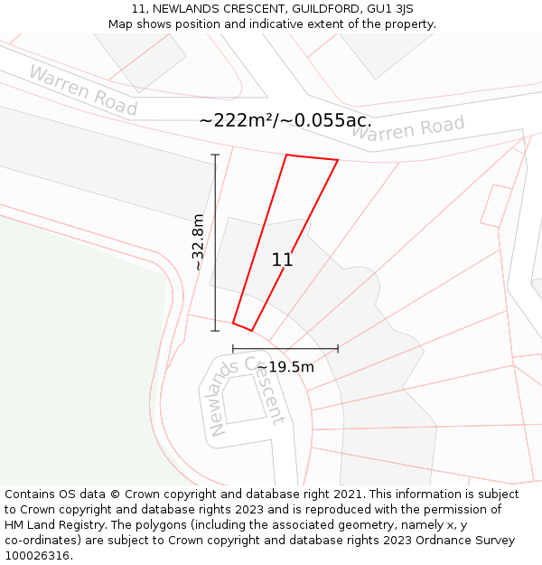 11, NEWLANDS CRESCENT, GUILDFORD, GU1 3JS: Plot and title map