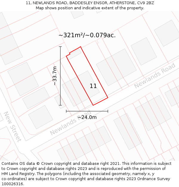 11, NEWLANDS ROAD, BADDESLEY ENSOR, ATHERSTONE, CV9 2BZ: Plot and title map