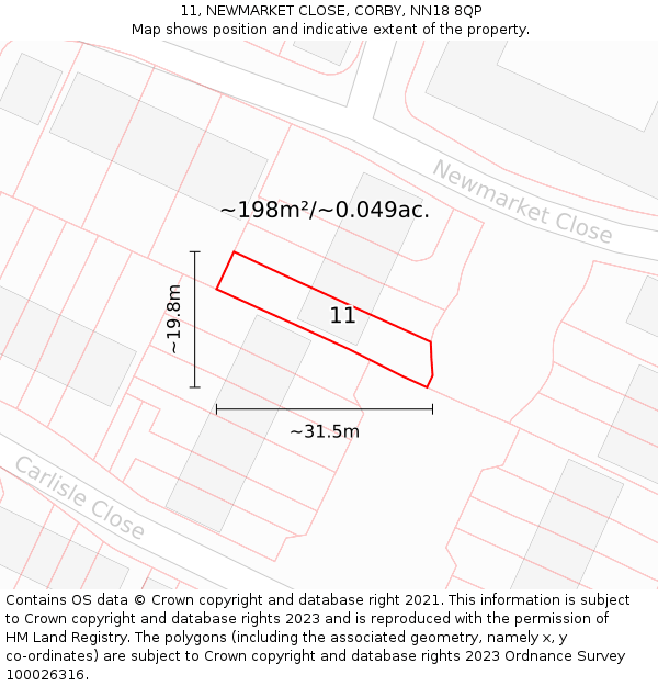 11, NEWMARKET CLOSE, CORBY, NN18 8QP: Plot and title map