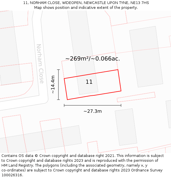 11, NORHAM CLOSE, WIDEOPEN, NEWCASTLE UPON TYNE, NE13 7HS: Plot and title map