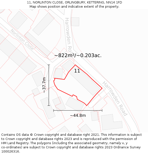 11, NORLINTON CLOSE, ORLINGBURY, KETTERING, NN14 1FD: Plot and title map