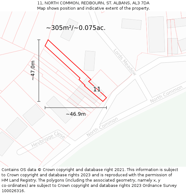 11, NORTH COMMON, REDBOURN, ST ALBANS, AL3 7DA: Plot and title map