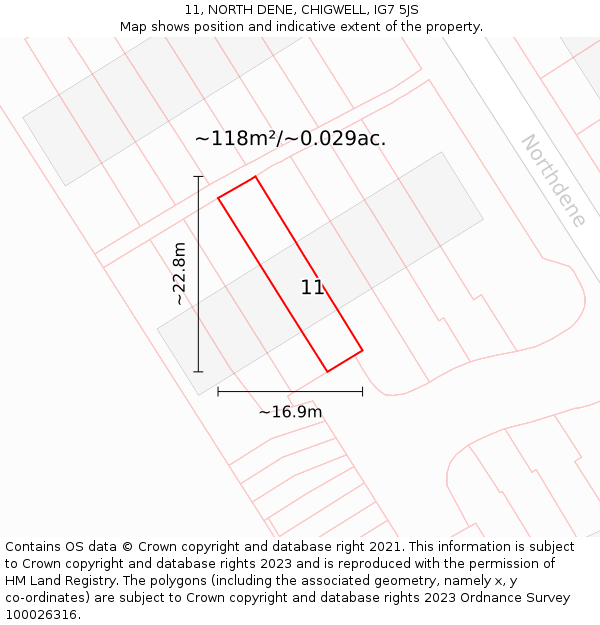 11, NORTH DENE, CHIGWELL, IG7 5JS: Plot and title map