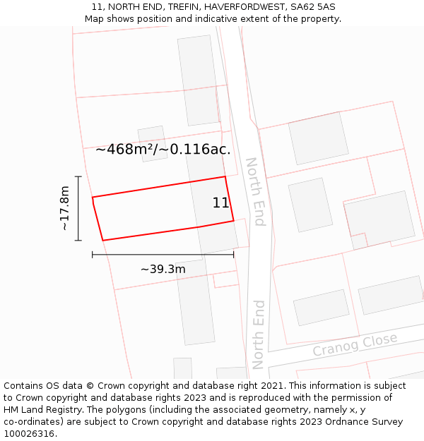 11, NORTH END, TREFIN, HAVERFORDWEST, SA62 5AS: Plot and title map
