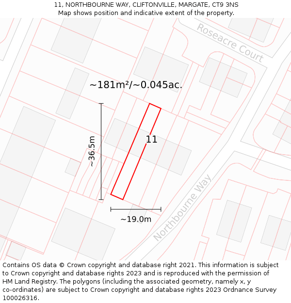 11, NORTHBOURNE WAY, CLIFTONVILLE, MARGATE, CT9 3NS: Plot and title map