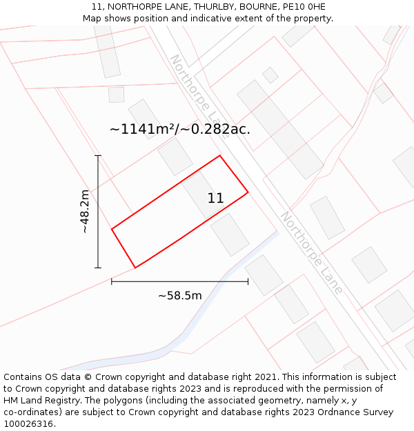 11, NORTHORPE LANE, THURLBY, BOURNE, PE10 0HE: Plot and title map