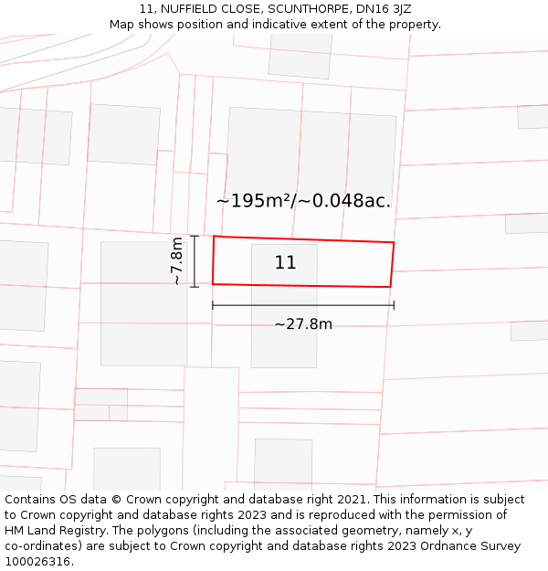 11, NUFFIELD CLOSE, SCUNTHORPE, DN16 3JZ: Plot and title map