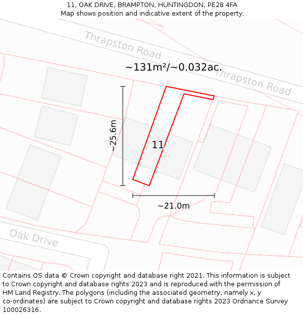 11, OAK DRIVE, BRAMPTON, HUNTINGDON, PE28 4FA: Plot and title map