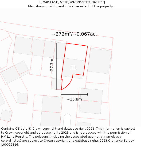 11, OAK LANE, MERE, WARMINSTER, BA12 6FJ: Plot and title map