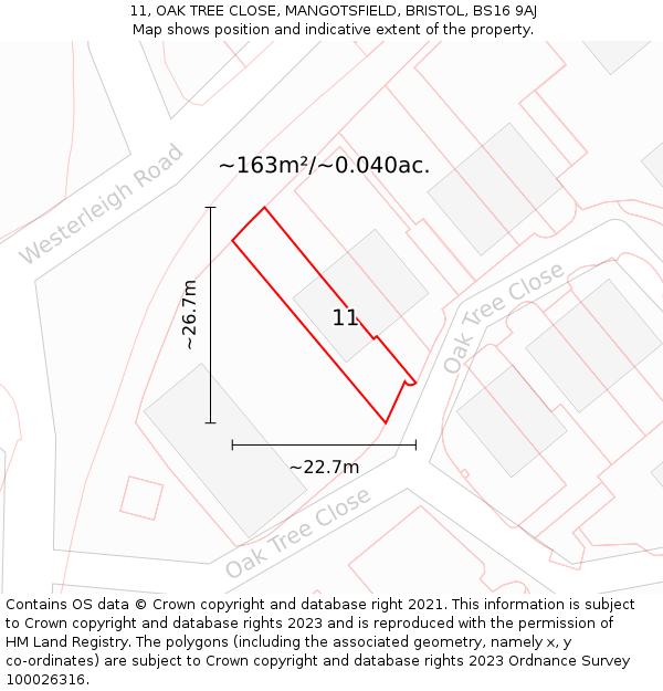 11, OAK TREE CLOSE, MANGOTSFIELD, BRISTOL, BS16 9AJ: Plot and title map