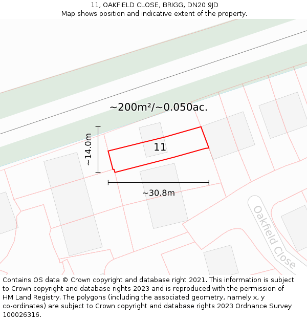 11, OAKFIELD CLOSE, BRIGG, DN20 9JD: Plot and title map
