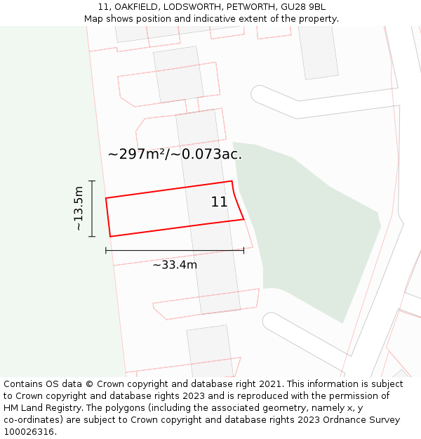 11, OAKFIELD, LODSWORTH, PETWORTH, GU28 9BL: Plot and title map