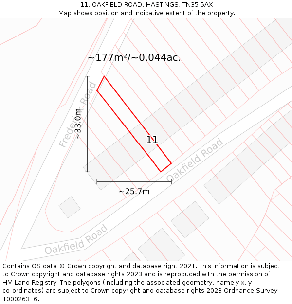 11, OAKFIELD ROAD, HASTINGS, TN35 5AX: Plot and title map