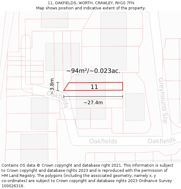 11, OAKFIELDS, WORTH, CRAWLEY, RH10 7FN: Plot and title map