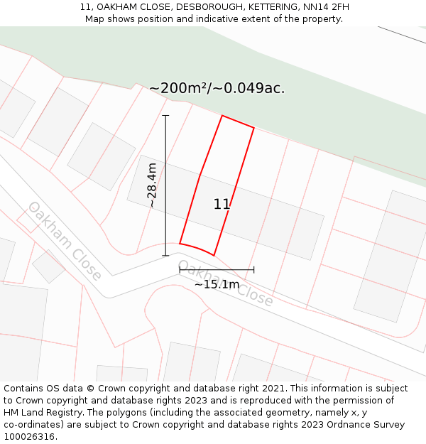 11, OAKHAM CLOSE, DESBOROUGH, KETTERING, NN14 2FH: Plot and title map