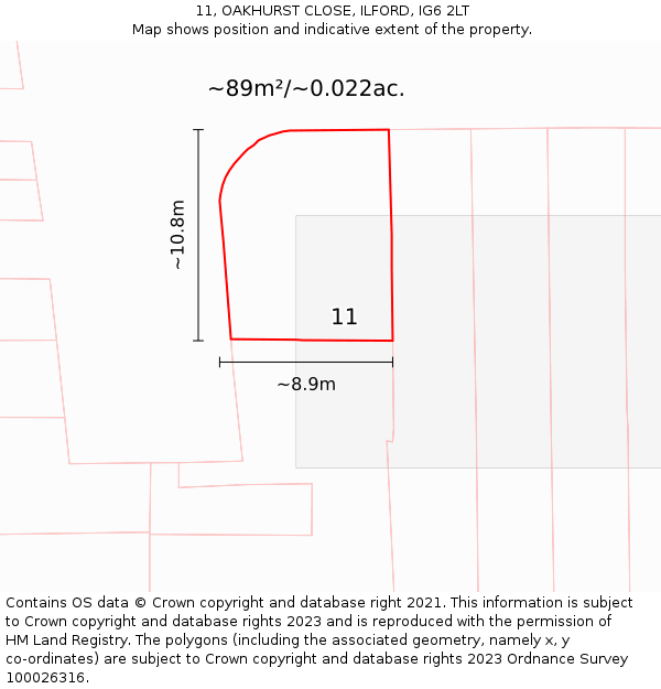 11, OAKHURST CLOSE, ILFORD, IG6 2LT: Plot and title map