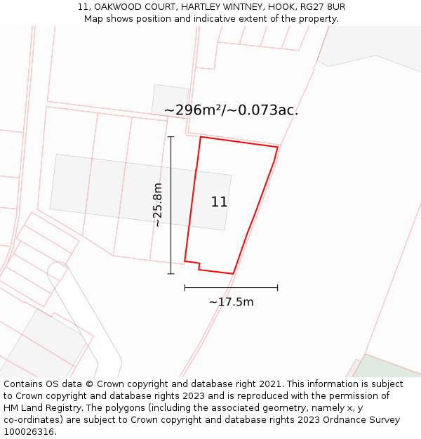 11, OAKWOOD COURT, HARTLEY WINTNEY, HOOK, RG27 8UR: Plot and title map
