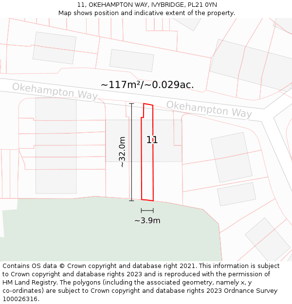 11, OKEHAMPTON WAY, IVYBRIDGE, PL21 0YN: Plot and title map