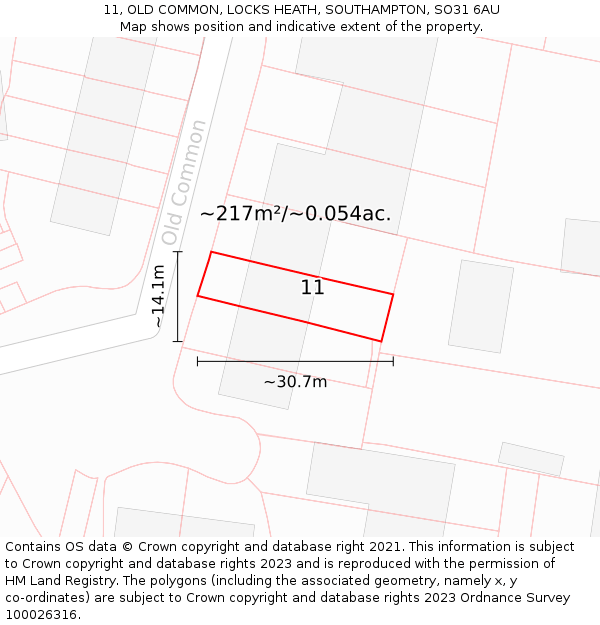 11, OLD COMMON, LOCKS HEATH, SOUTHAMPTON, SO31 6AU: Plot and title map
