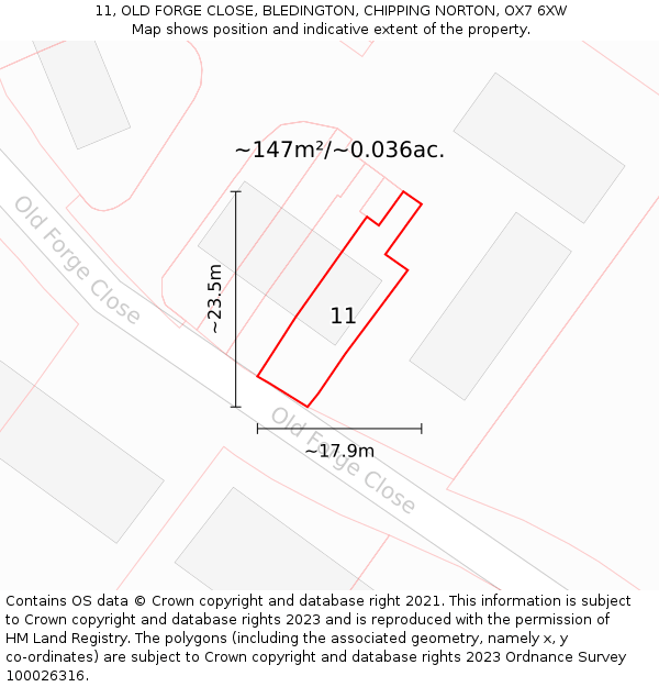 11, OLD FORGE CLOSE, BLEDINGTON, CHIPPING NORTON, OX7 6XW: Plot and title map