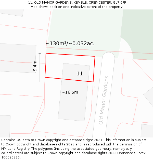 11, OLD MANOR GARDENS, KEMBLE, CIRENCESTER, GL7 6FF: Plot and title map
