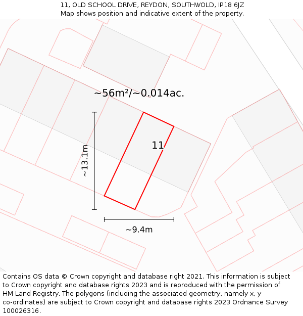 11, OLD SCHOOL DRIVE, REYDON, SOUTHWOLD, IP18 6JZ: Plot and title map