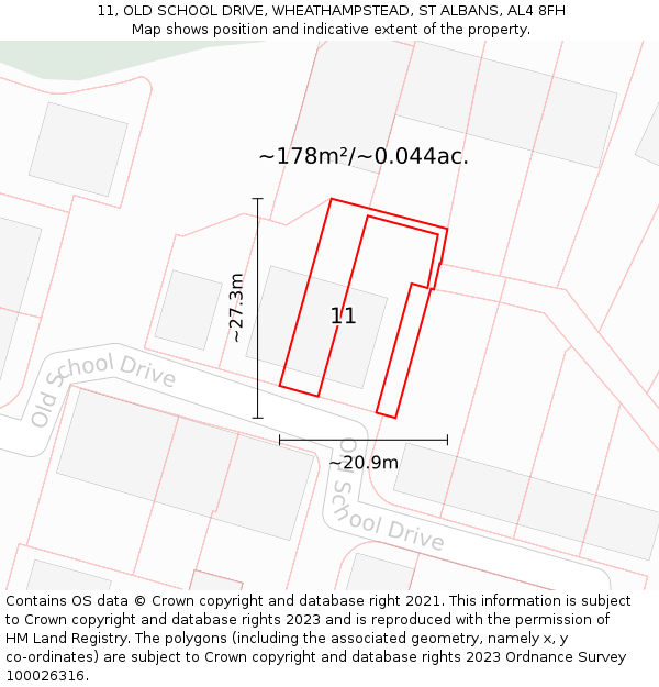11, OLD SCHOOL DRIVE, WHEATHAMPSTEAD, ST ALBANS, AL4 8FH: Plot and title map