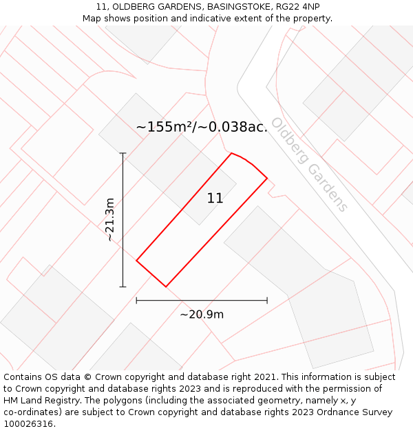 11, OLDBERG GARDENS, BASINGSTOKE, RG22 4NP: Plot and title map