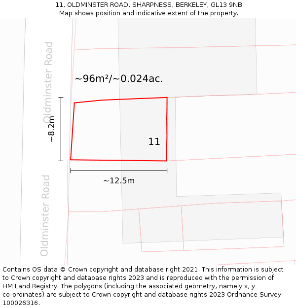 11, OLDMINSTER ROAD, SHARPNESS, BERKELEY, GL13 9NB: Plot and title map