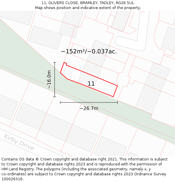 11, OLIVERS CLOSE, BRAMLEY, TADLEY, RG26 5UL: Plot and title map