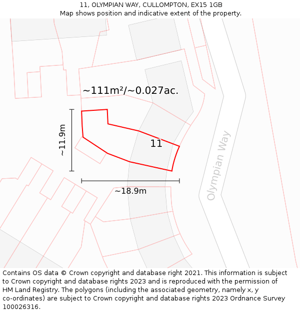 11, OLYMPIAN WAY, CULLOMPTON, EX15 1GB: Plot and title map