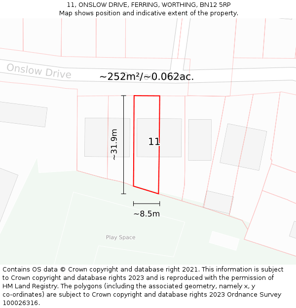 11, ONSLOW DRIVE, FERRING, WORTHING, BN12 5RP: Plot and title map