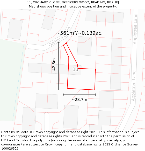 11, ORCHARD CLOSE, SPENCERS WOOD, READING, RG7 1EJ: Plot and title map