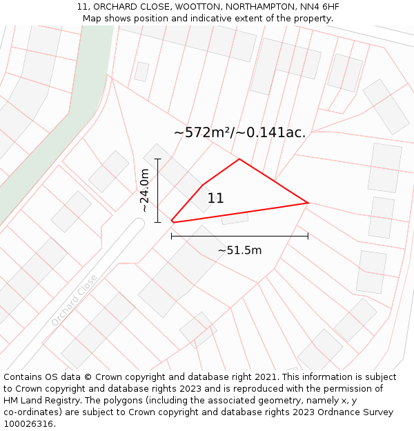 11, ORCHARD CLOSE, WOOTTON, NORTHAMPTON, NN4 6HF: Plot and title map