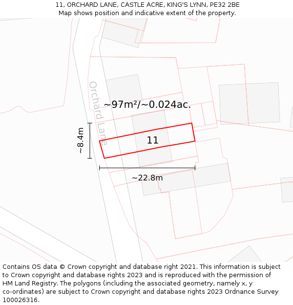 11, ORCHARD LANE, CASTLE ACRE, KING'S LYNN, PE32 2BE: Plot and title map