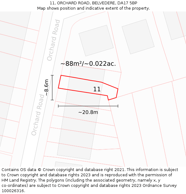 11, ORCHARD ROAD, BELVEDERE, DA17 5BP: Plot and title map