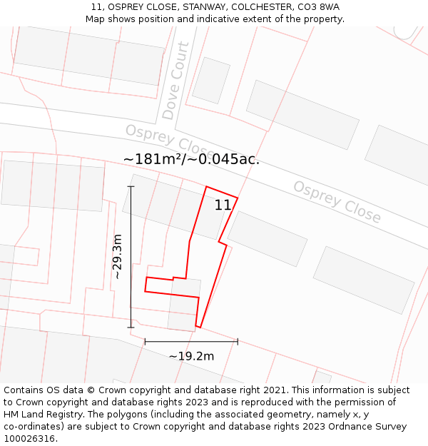 11, OSPREY CLOSE, STANWAY, COLCHESTER, CO3 8WA: Plot and title map