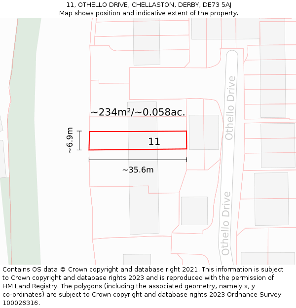 11, OTHELLO DRIVE, CHELLASTON, DERBY, DE73 5AJ: Plot and title map